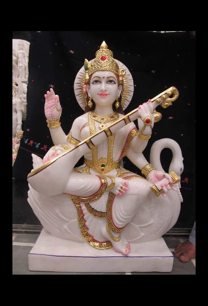 Handcrafted Marble Maa Saraswati Statue with Swan