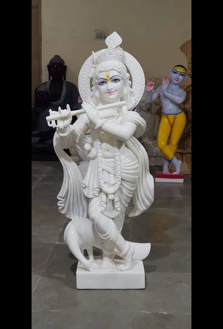 Handcrafted White Marble Lord Krishna Statue