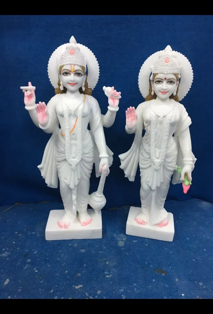 Pure White Marble Lakshmi Narayan Statue Pair