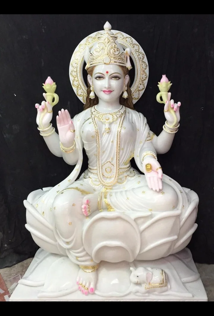 Handcrafted White Marble Goddess Lakshmi Statue on Lotus