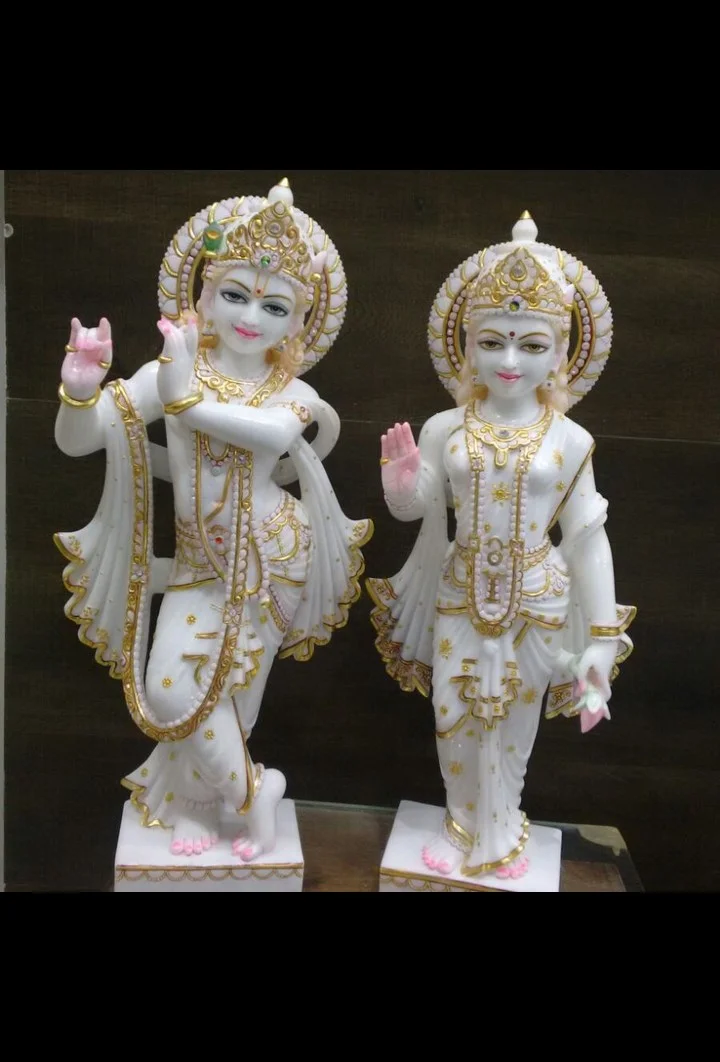 Designer Radha Krishna Marble Statue with Golden Handwork
