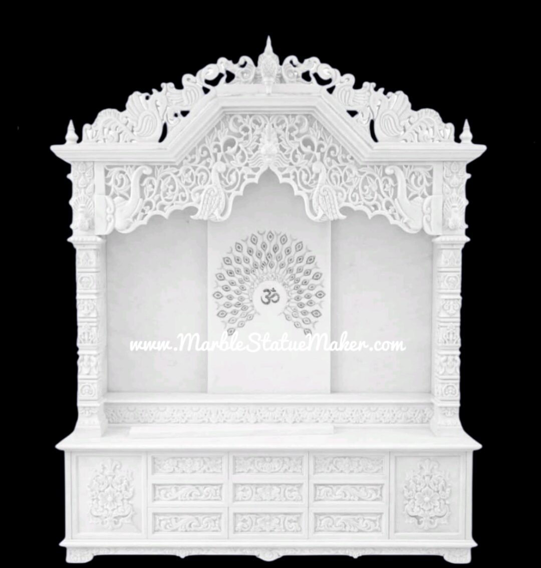 Luxury Handcrafted White Marble Peacock Design Home Temple (Premium Pooja Mandir)
