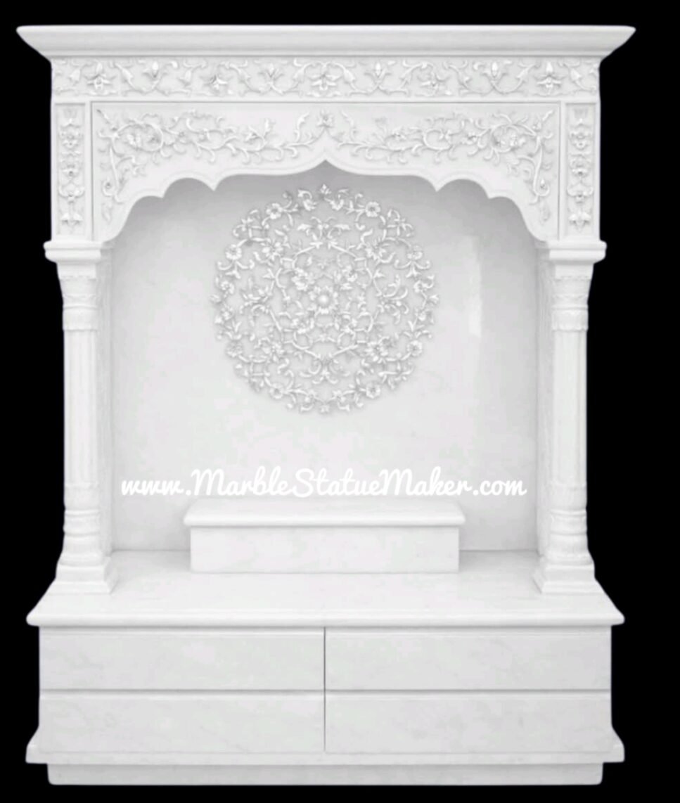 Premium White Marble Home Temple with Floral Carving & Storage Drawers
