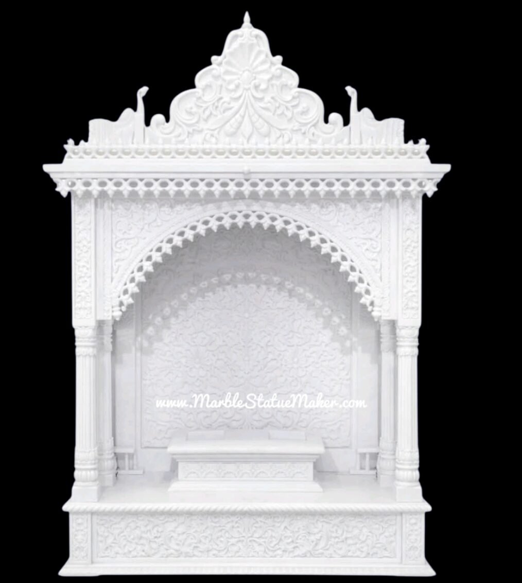 Luxury White Marble Carved Pooja Mandir with Royal Crown Design