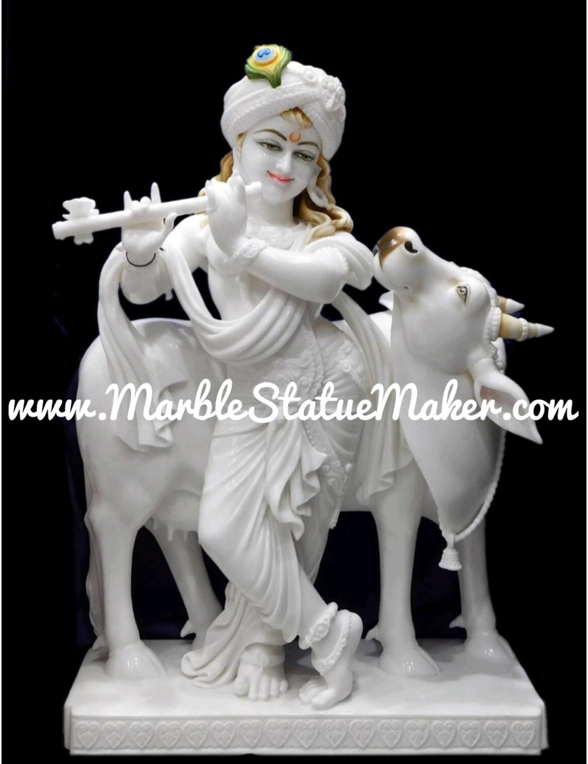 Handcrafted White Marble Lord Krishna with Cow Statue