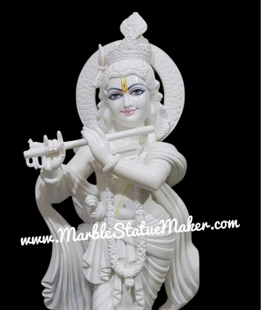 Handcrafted White Marble Lord Krishna with Peacock Statue