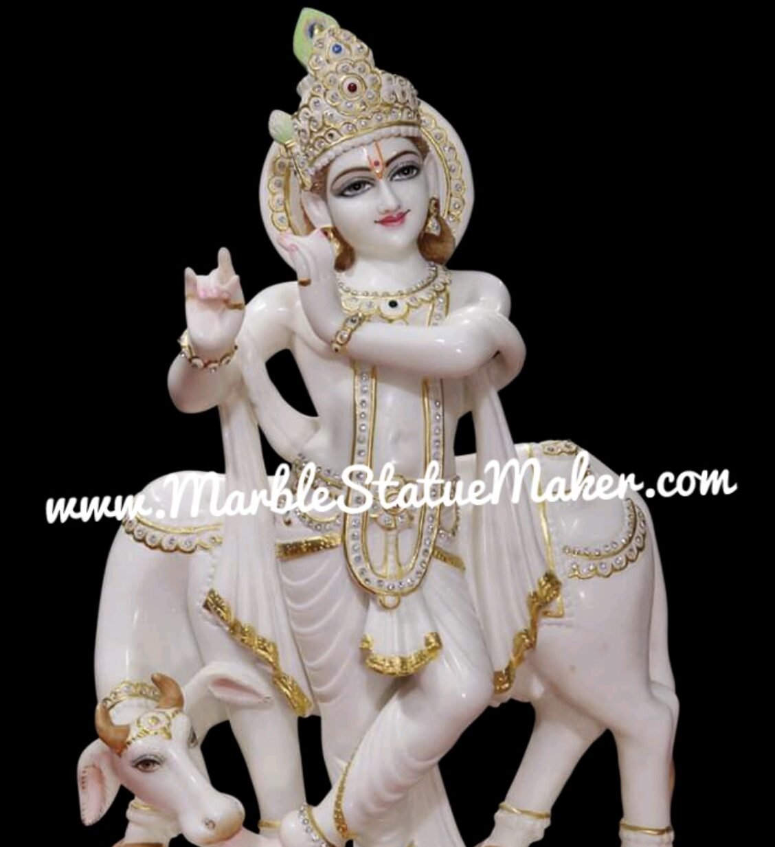 Handcrafted White Marble Lord Krishna with Cow Statue (Gold Finish)