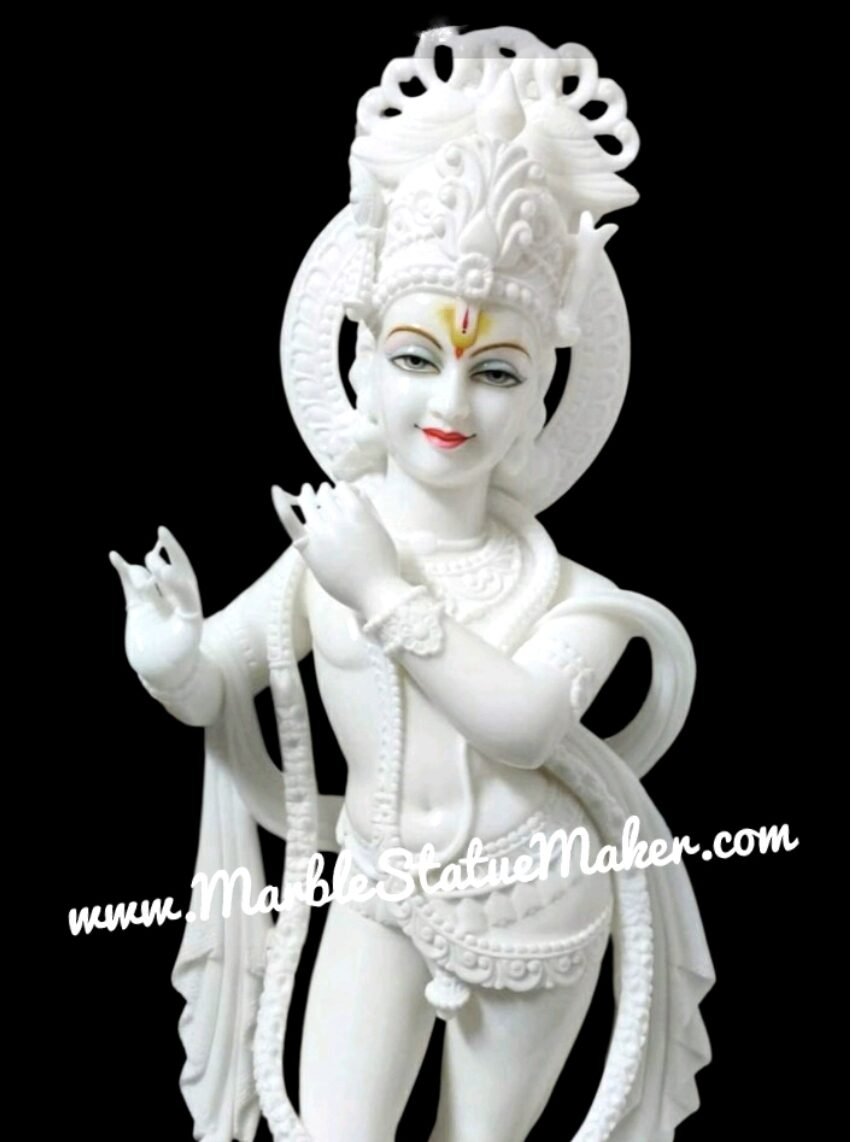 Handcrafted White Marble Standing Lord Krishna Statue with Peacock