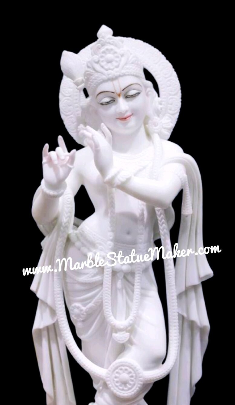 Handcrafted Pure White Marble Standing Lord Krishna Statue