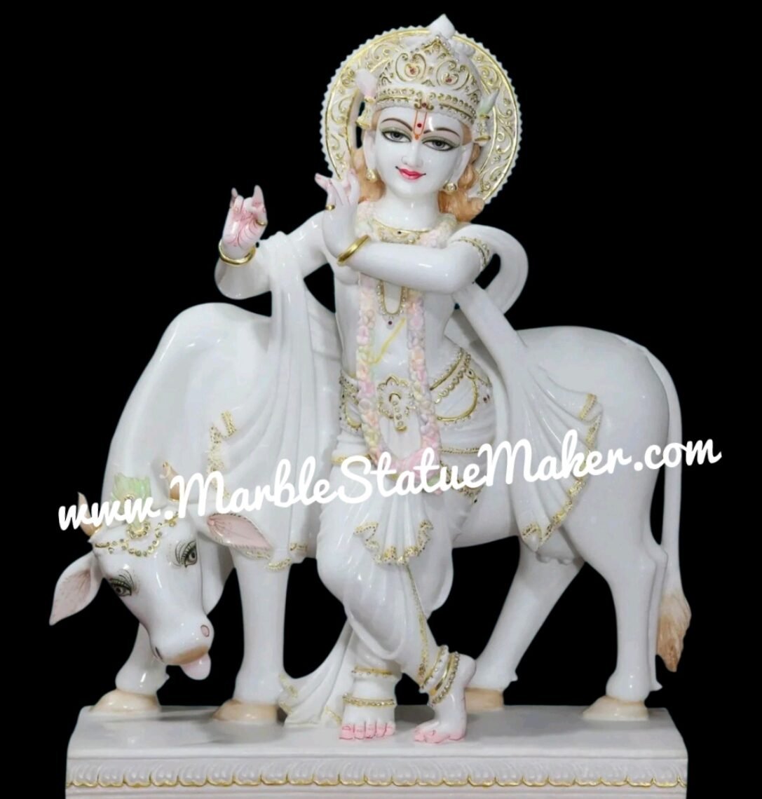 Premium Handcrafted White Marble Lord Krishna with Cow Statue