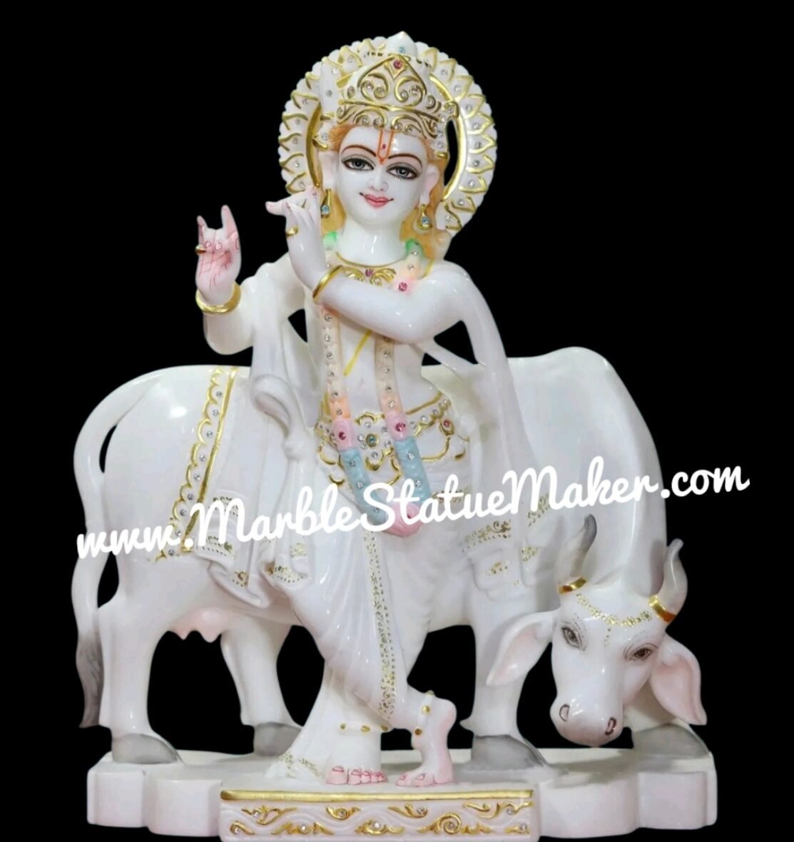 Premium White Marble Lord Krishna with Cow Statue (Handcrafted Gold Finish)