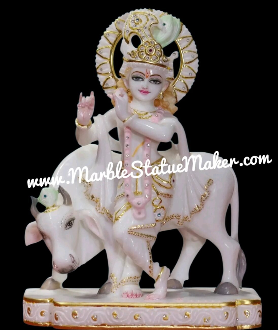 White Marble Lord Krishna with Cow Statue (Gold & Stone Finish)