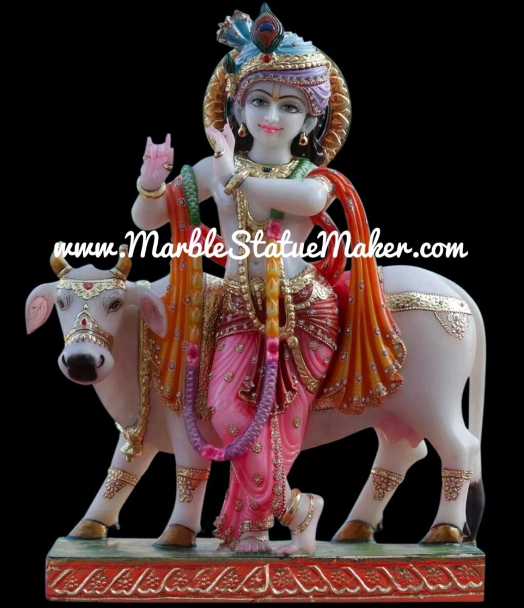 Premium Handcrafted White Marble Lord Krishna with Cow Statue (Royal Colour Finish)