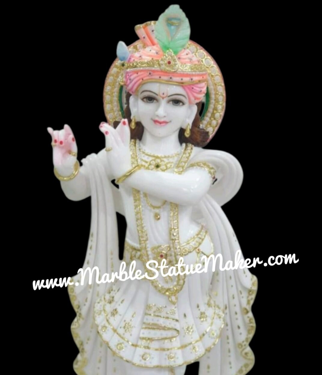 Handcrafted White Marble Standing Lord Krishna Statue (Royal Gold Finish)