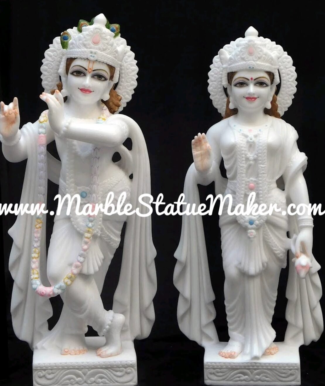 Handcrafted White Marble Radha Krishna Statue Set