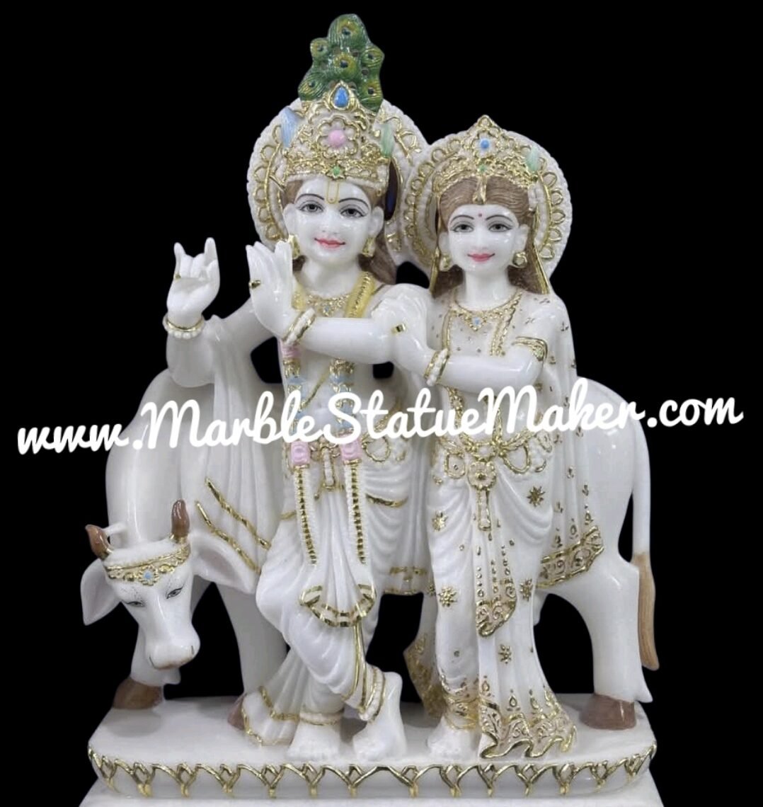 Premium Marble Radha Krishna with Cow Statue