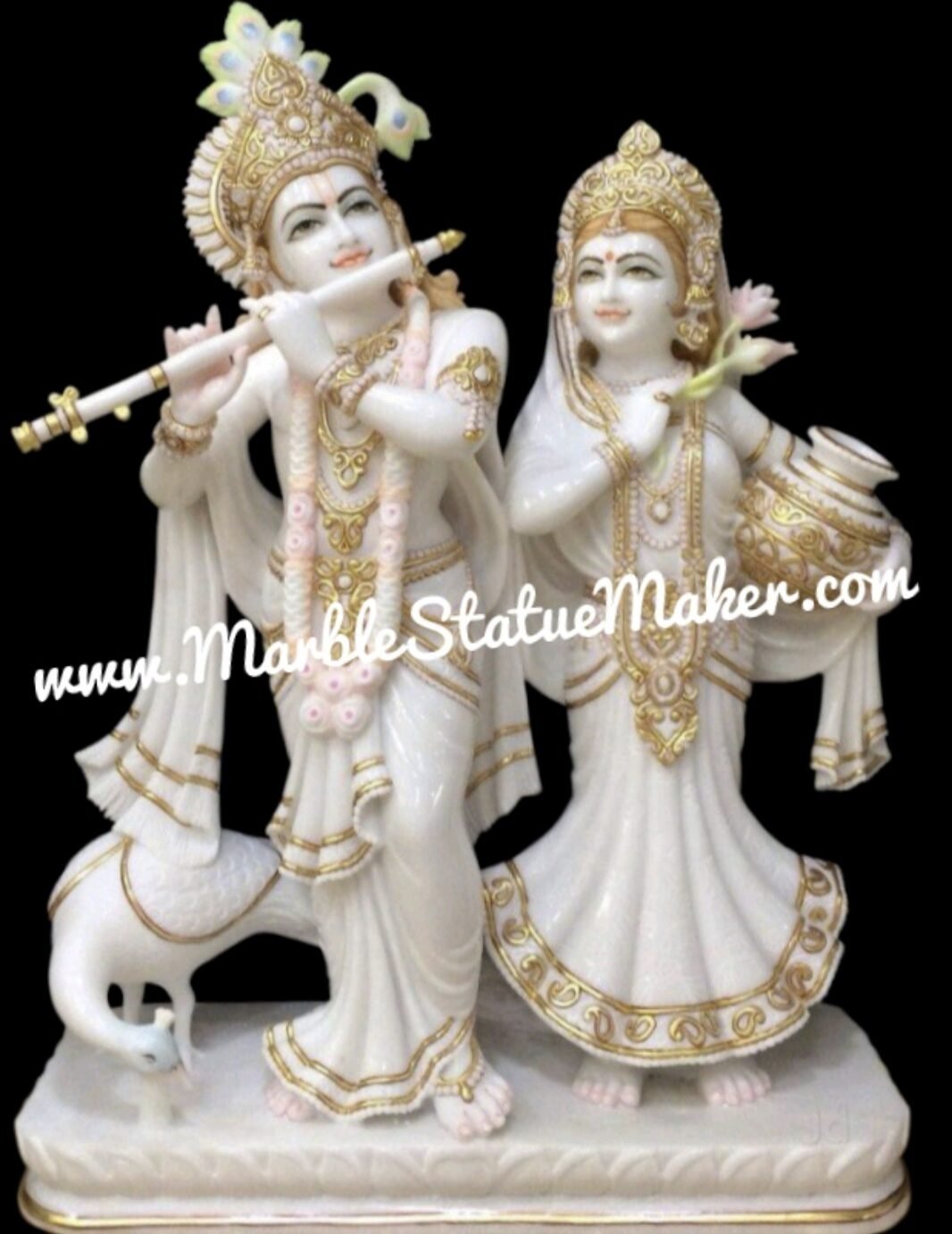 Premium Marble Radha Krishna Statue with Flute & Peacock