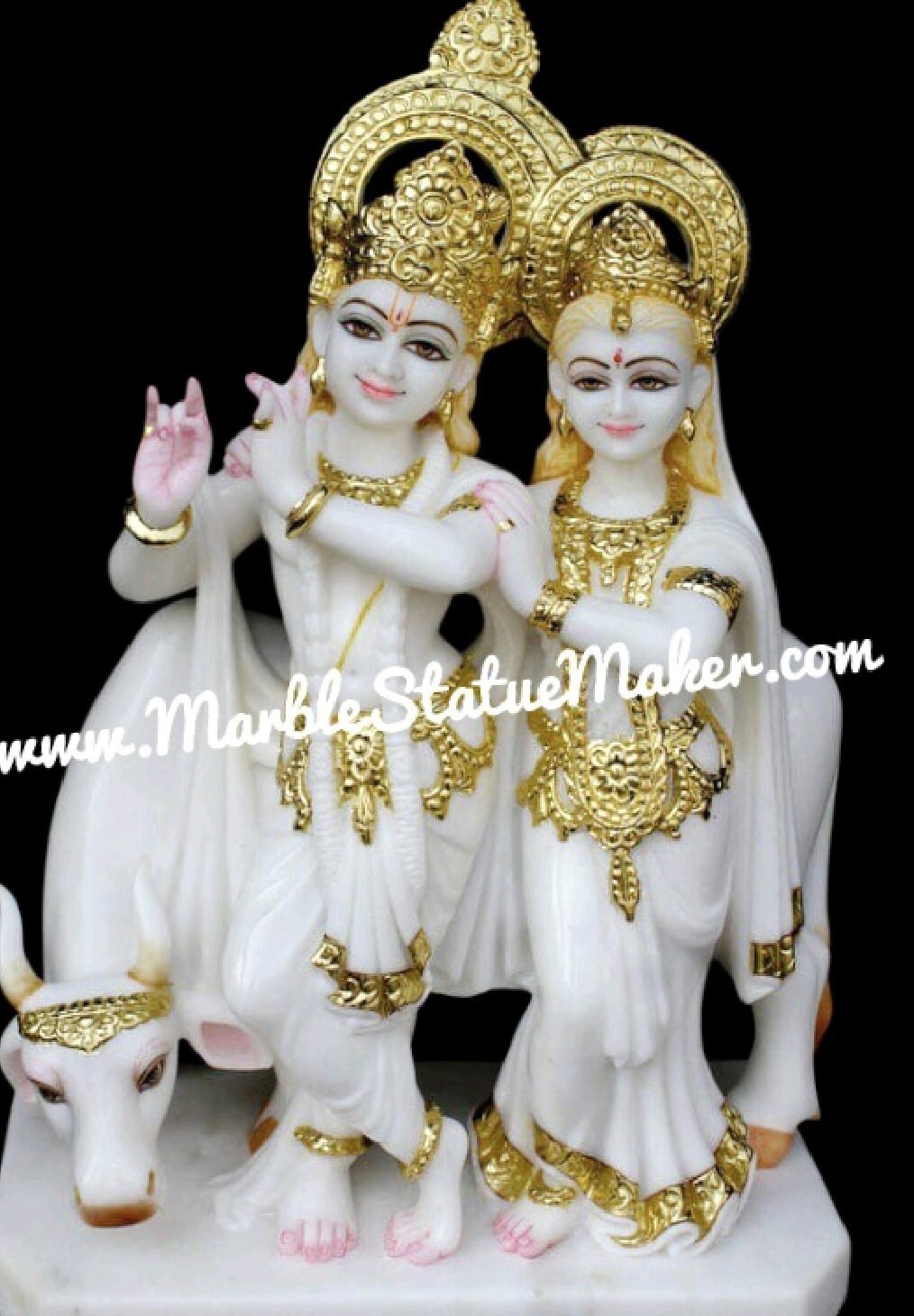 Premium Marble Radha Krishna with Cow Idol
