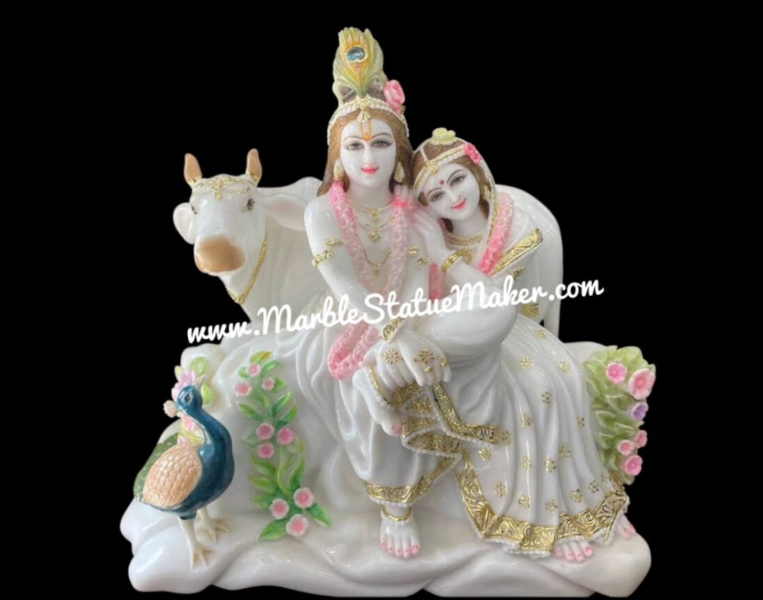 Marble Radha Krishna Sitting Statue with Cow & Peacock