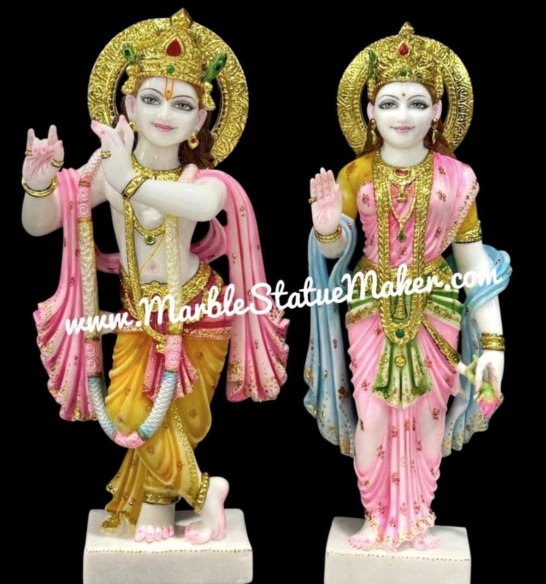 Handcrafted Hand-Painted Marble Radha Krishna Standing Statue