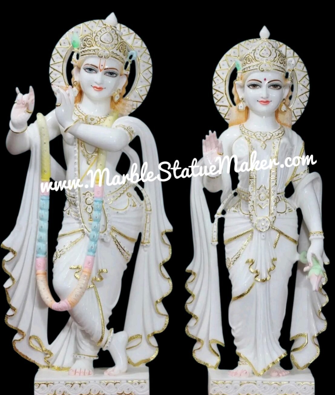 Premium White Marble Radha Krishna Standing Statue with Gold Detailing