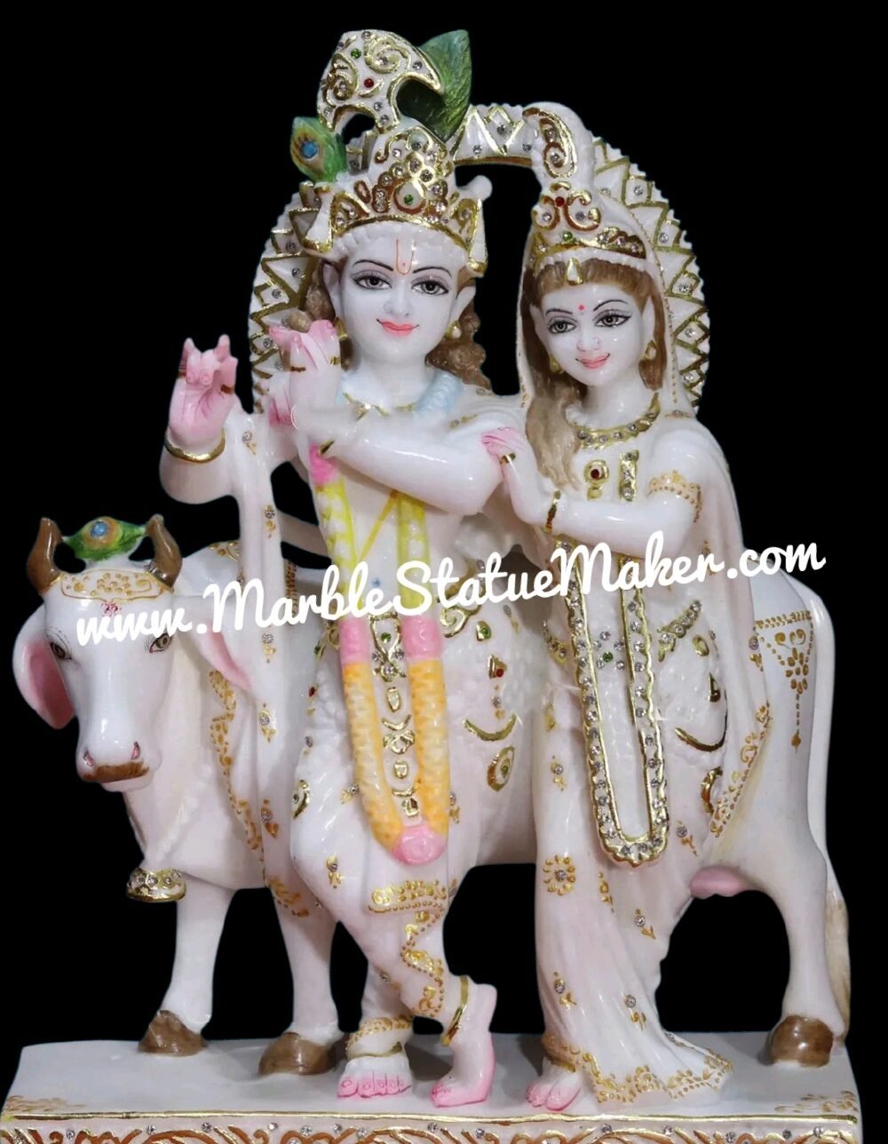 Premium Hand-Painted Marble Radha Krishna Statue with Sacred Cow