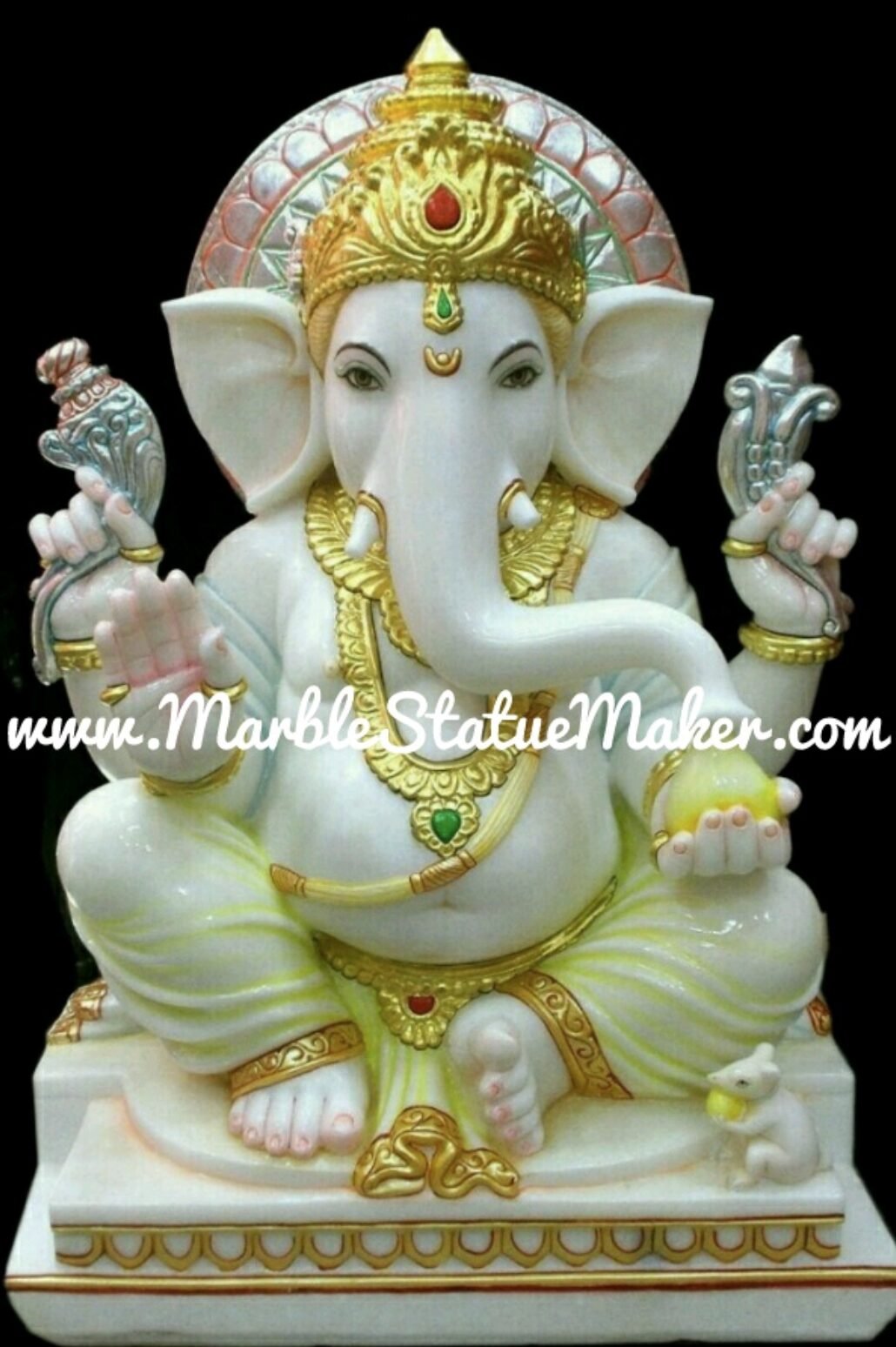 Premium White Marble Lord Ganesha Statue with Gold Hand-Painted Finish