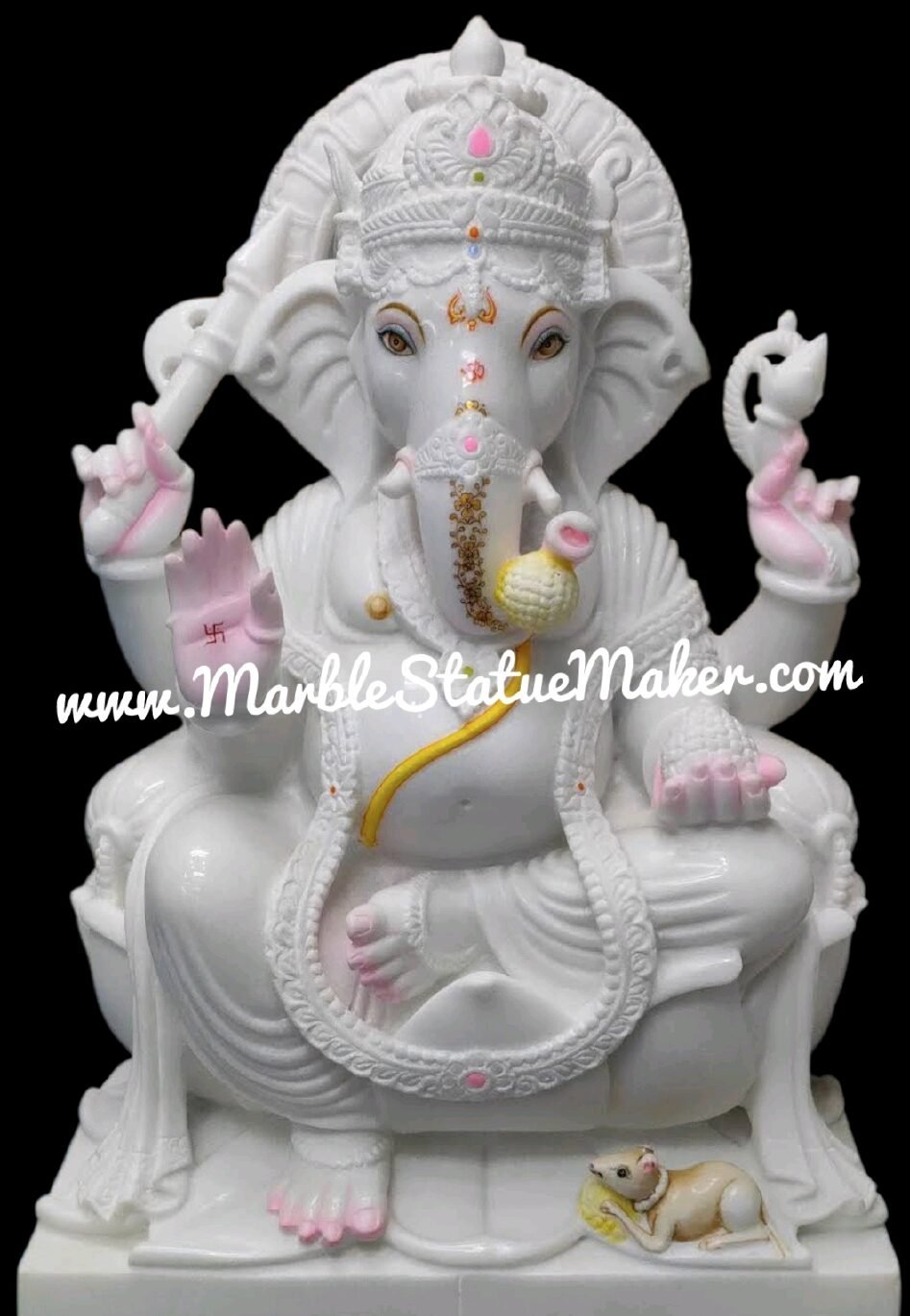 Premium White Marble Seated Lord Ganesha Statue with Decorative Crown