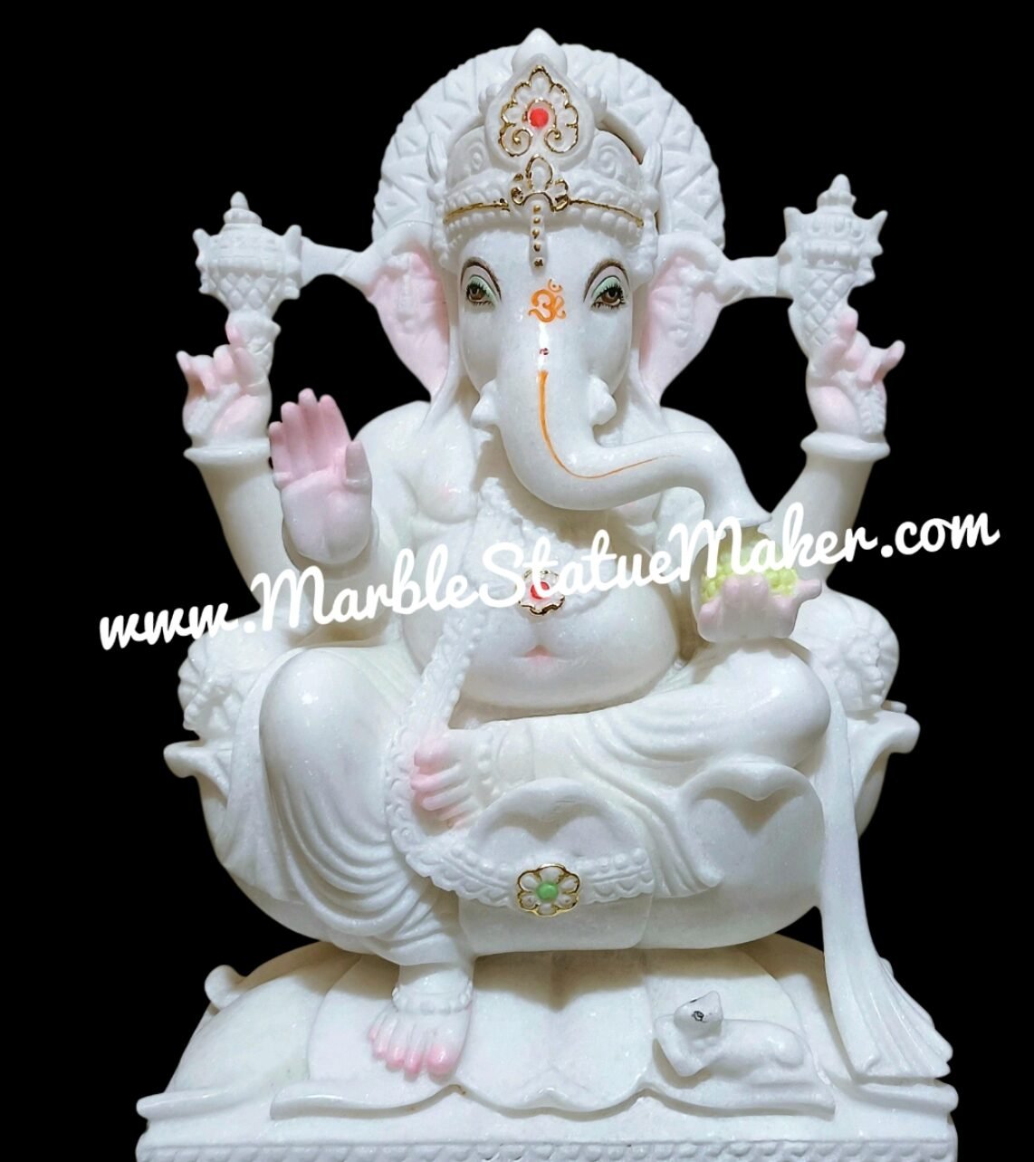 Premium White Marble Seated Lord Ganesha Idol with Lotus Base