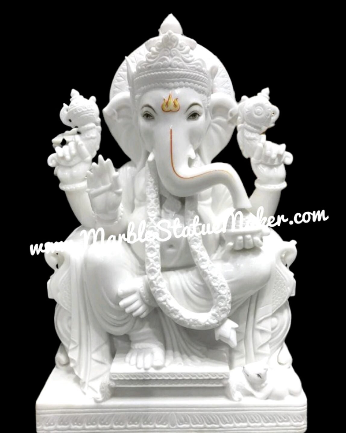 Handcrafted White Marble Lord Ganesha Statue with Floral Garland