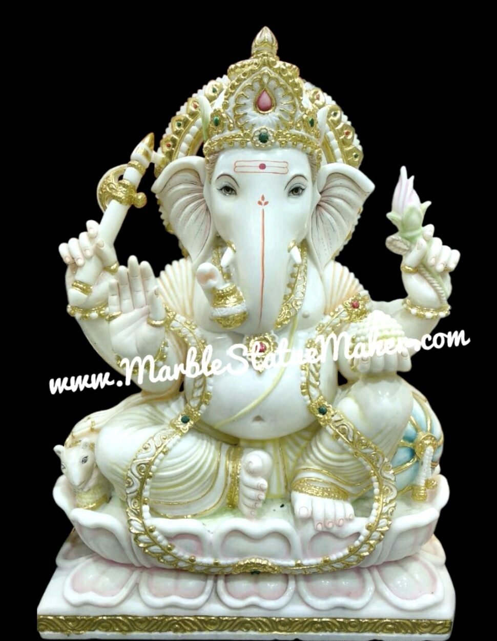 Luxury White Marble Lord Ganesha Idol on Lotus Throne