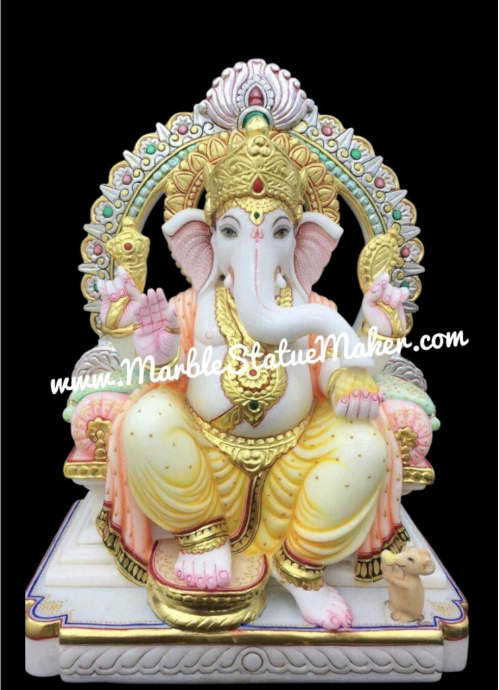 Royal White Marble Lord Ganesha Statue with Ornate Arch