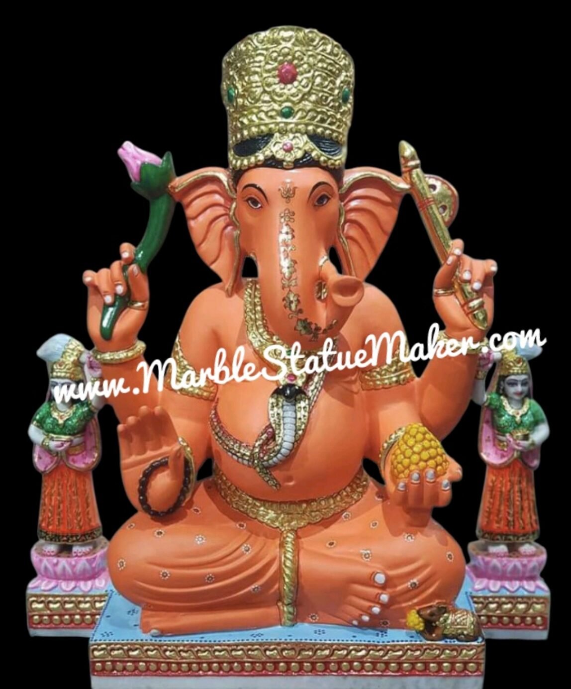 Handcrafted Orange Marble Lord Ganesha Idol with Riddhi & Siddhi