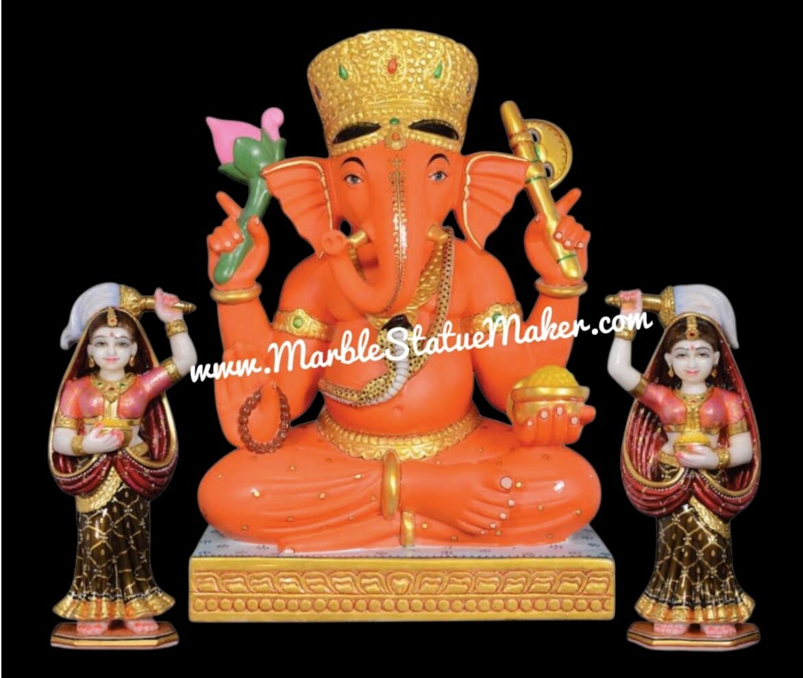 Premium Orange Marble Lord Ganesha Idol with Riddhi & Siddhi