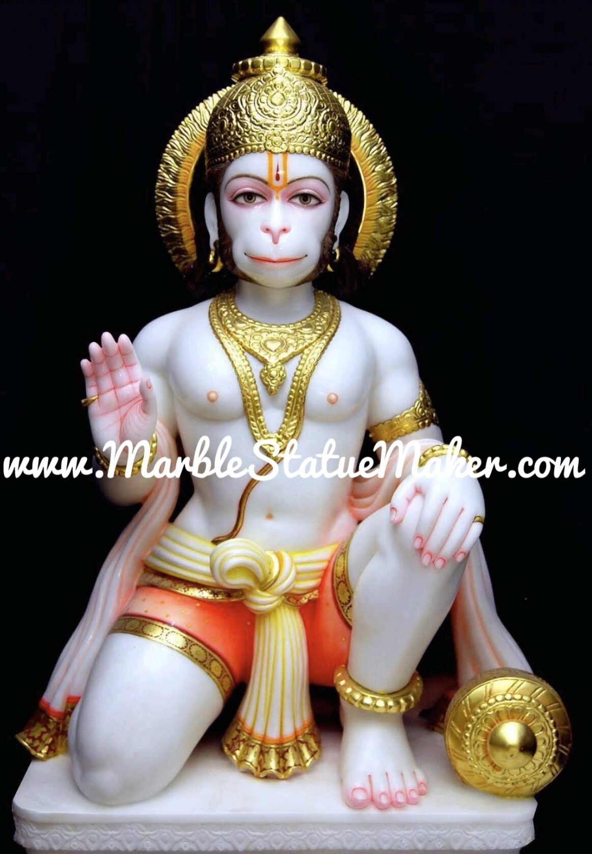 Handcrafted White Marble Lord Hanuman Statue with Gold Detailing