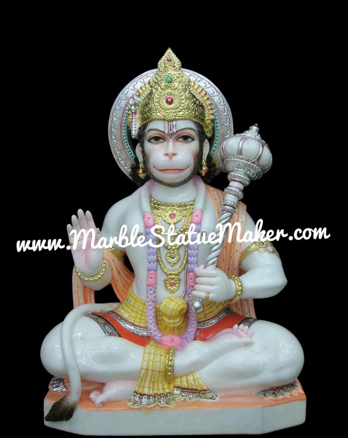 White Marble Sitting Hanuman Ji Statue (Blessing Hanuman Idol)