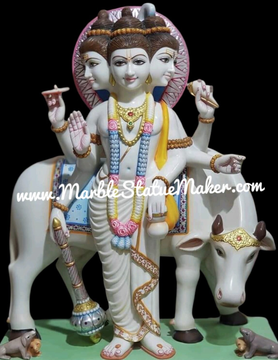 Handcrafted Marble Lord Dattatreya Statue with Sacred Cow