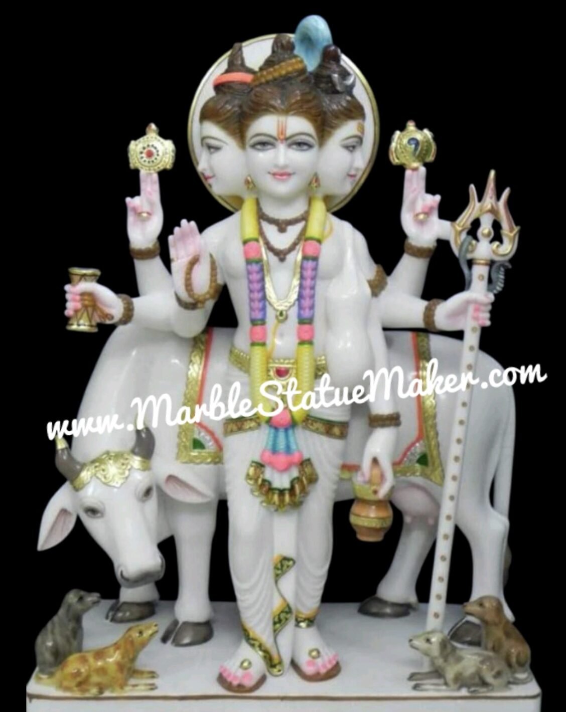 Handcrafted Marble Lord Dattatreya Idol with Kamdhenu Cow