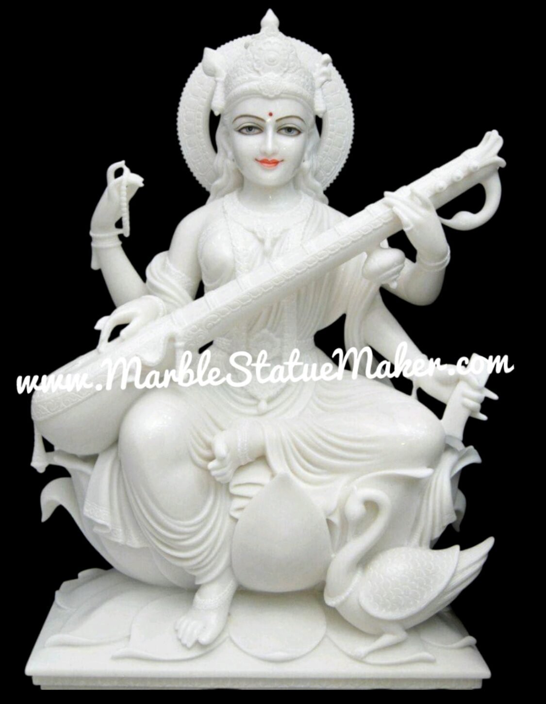 Handcrafted White Marble Goddess Saraswati Statue with Veena