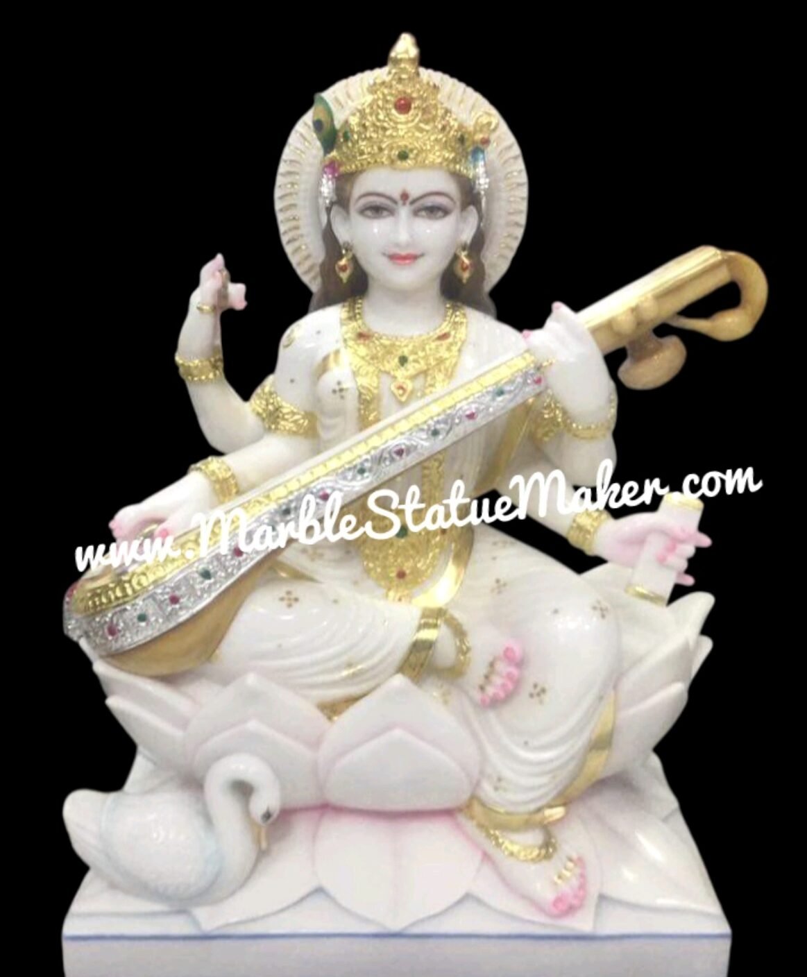 Handcrafted Marble Goddess Saraswati Statue with Gold Detailing