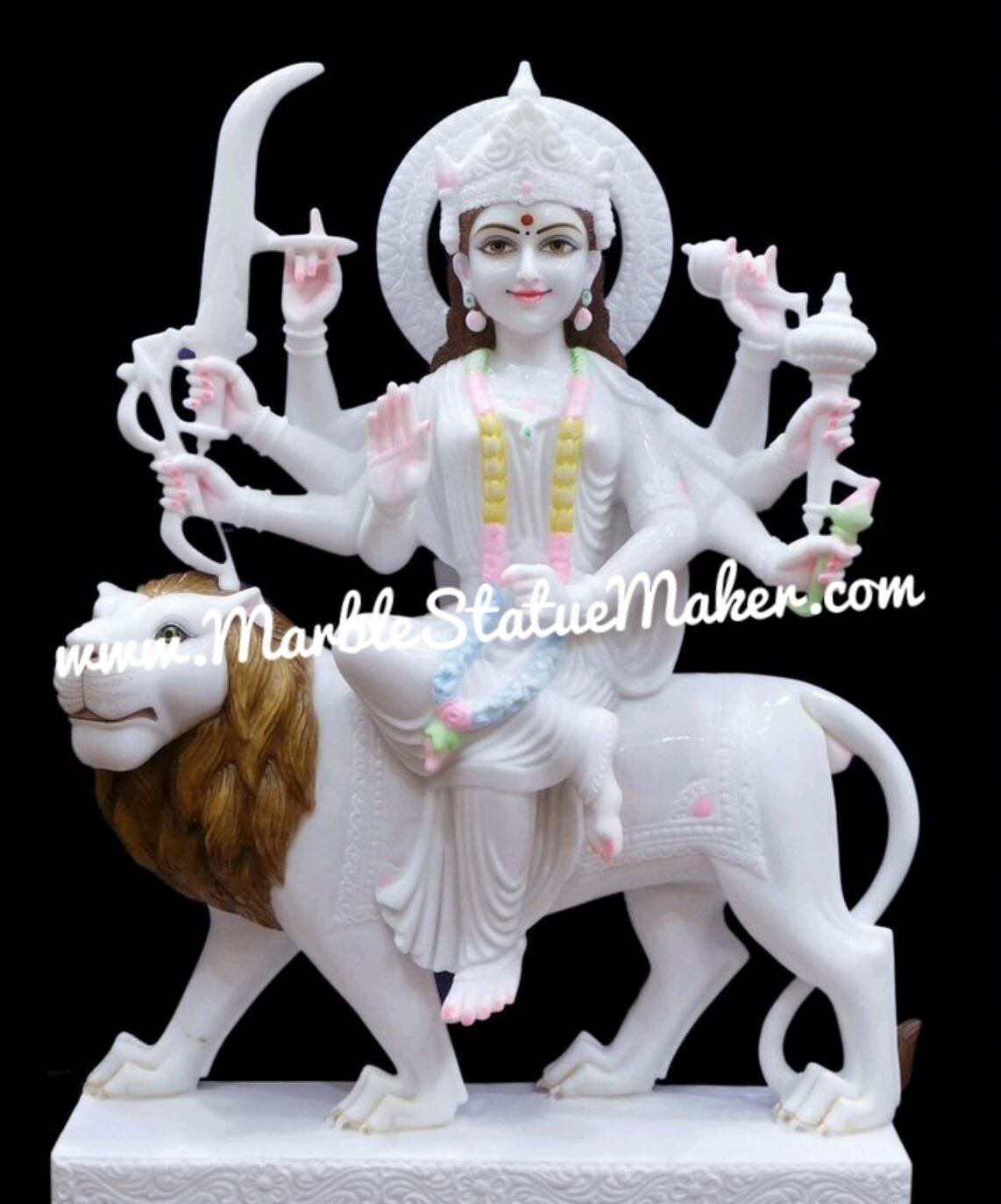 Handcrafted White Marble Maa Durga Statue with Lion