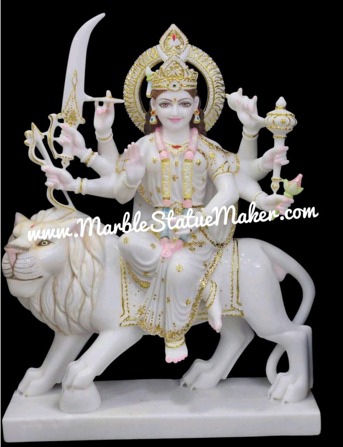 Handcrafted White Marble Maa Durga Idol with Lion