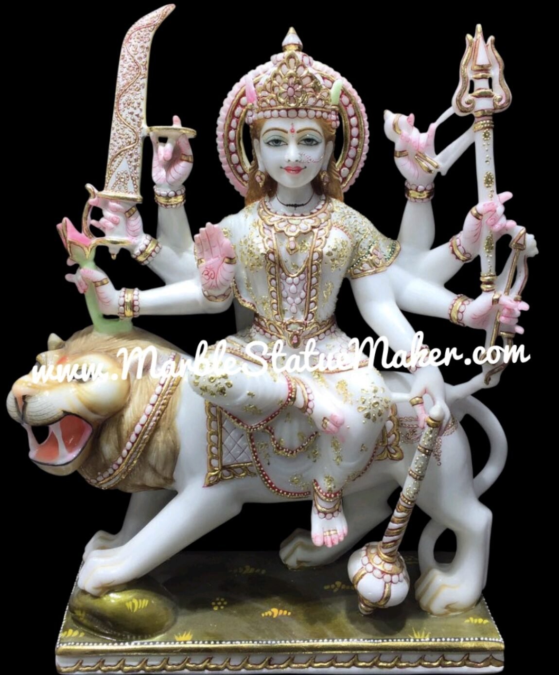 Handcrafted White Marble Maa Durga Statue on Lion