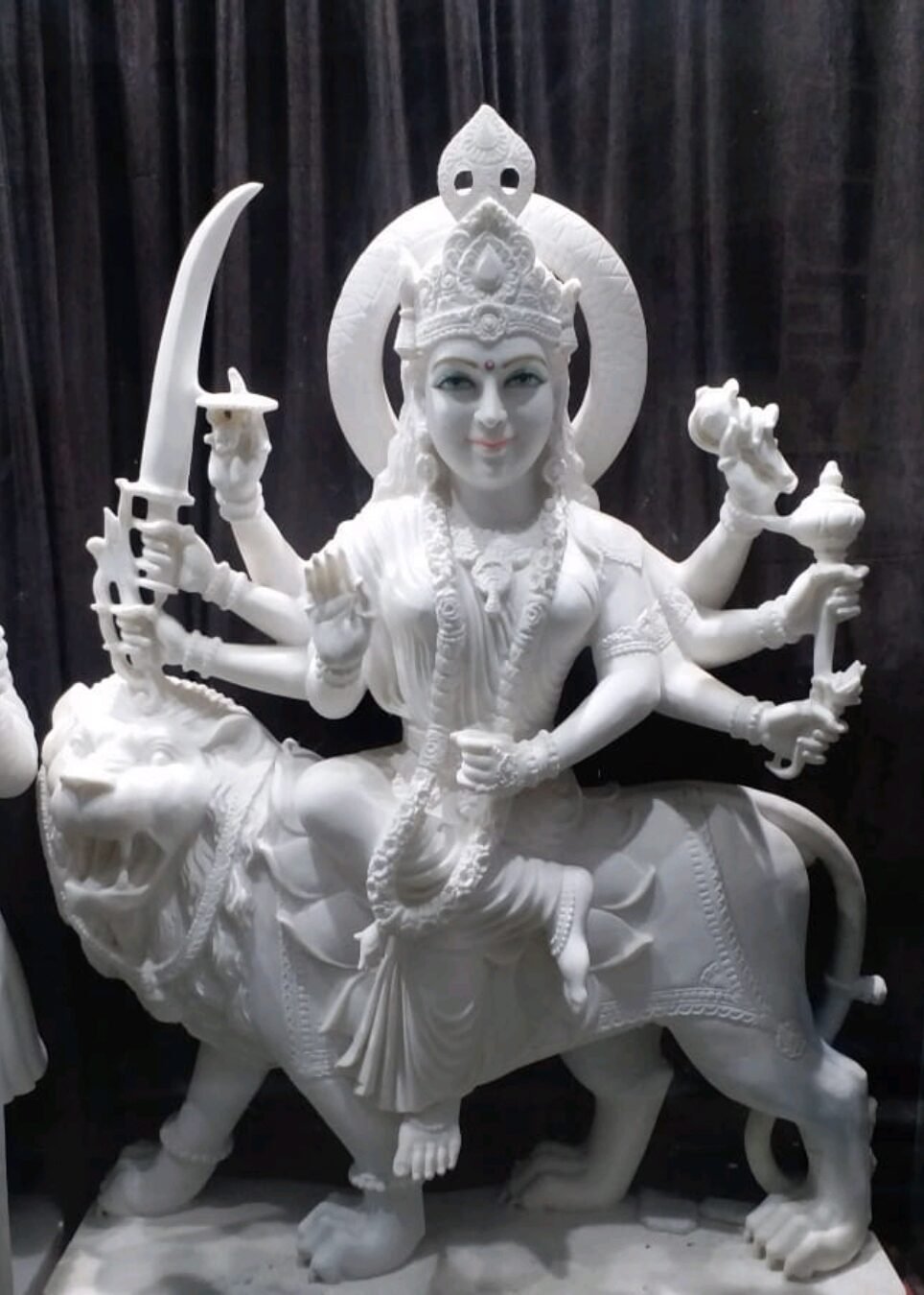 Handcrafted White Marble Durga Mata Statue on Lion