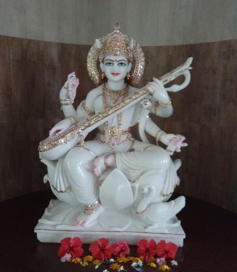 Handcrafted White Marble Goddess Saraswati Statue